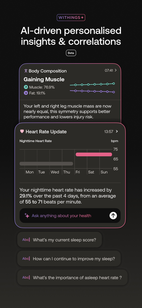 Withings - Dashboard der Withings App mit KI-gestützten Gesundheitseinblicken zu Körperzusammensetzung und nächtlichen Herzfrequenztrends