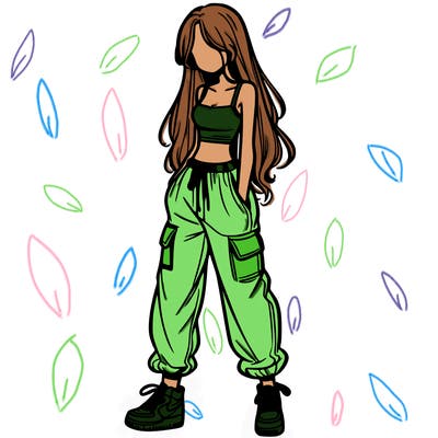 girl in baggy pants crop top and long hair