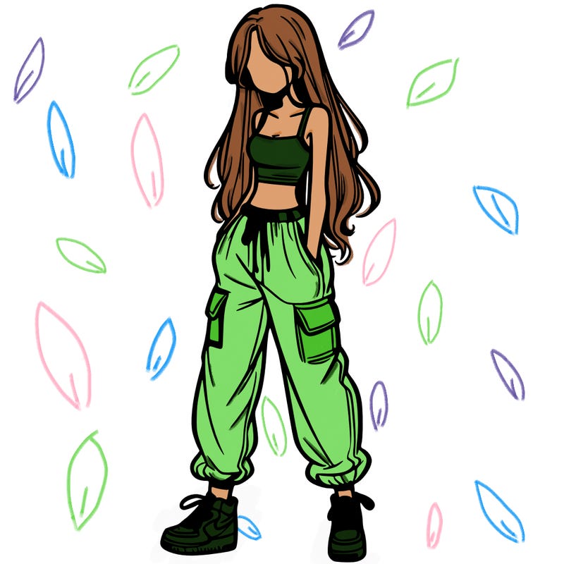 girl in baggy pants crop top and long hair