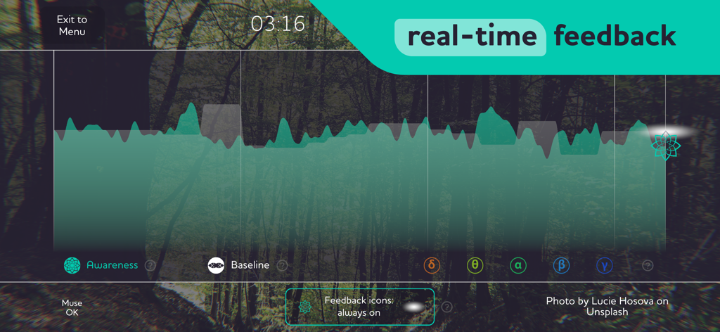 Semse Aware: Be Present Now - Gráfico de feedback de ondas cerebrais de EEG em tempo real no aplicativo Semse Aware mostrando níveis de consciência e linha de base contra um fundo de floresta.