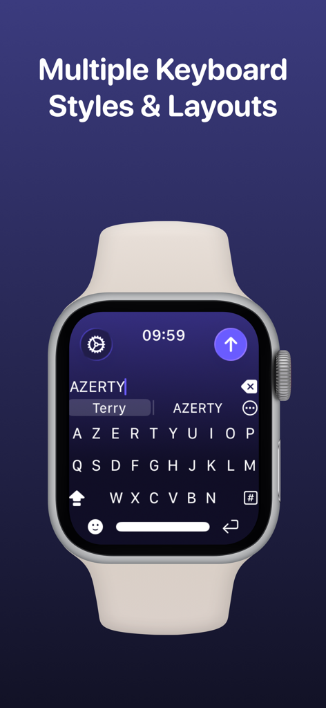 WristBoard - Watch Keyboard - Una captura de pantalla de un Apple Watch muestra un diseño de teclado AZERTY en la aplicación WristBoard bajo el encabezado Múltiples Estilos y Diseños de Teclado.