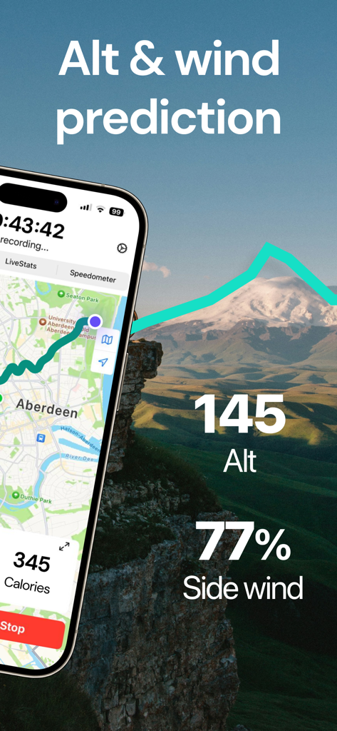 Bike Computer - Cycle Tracker - Pantalla del iPhone que muestra la interfaz de la aplicación Ciclocomputador con datos de altitud y predicción del viento lateral