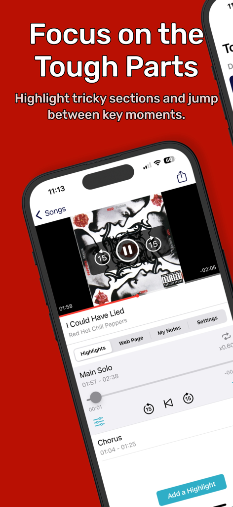 Guitar Scales: GuitarTime - Guitar practice app interface for highlighting and looping song sections