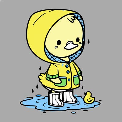 baby duck in a rain coat and boots, in a puddle while it’s raining