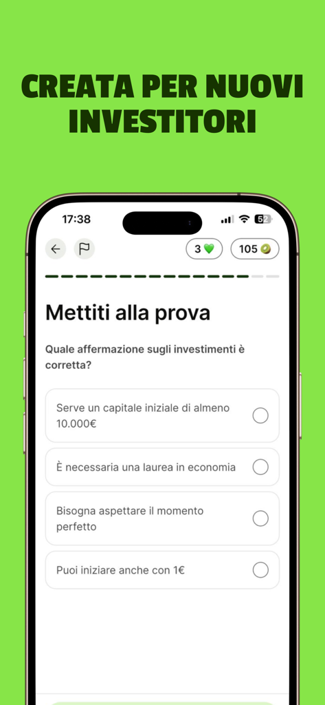 Finanz: Learn to Invest - Mobile app interface showing a multiple choice finance quiz for beginners