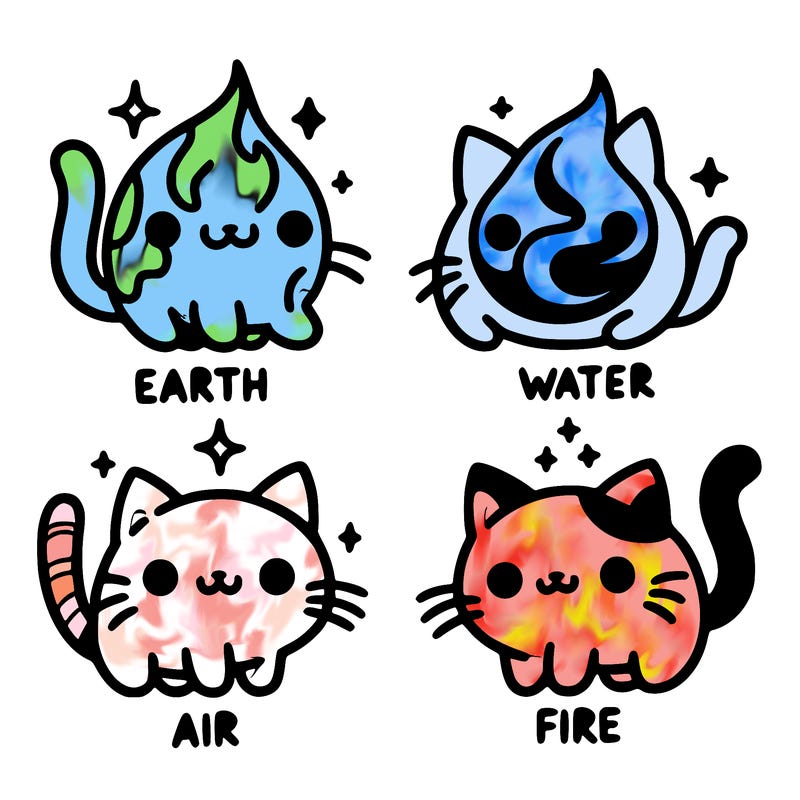 4 cats that represent the different elements, earth, water, air, and fire