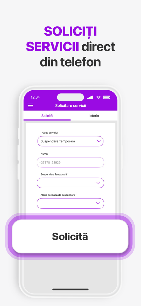 my moldcell - Smartphone screen showing the my moldcell app service request form in Romanian