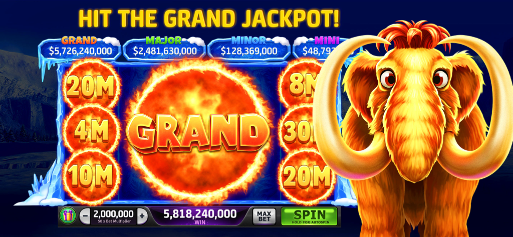 Un jeu de machine à sous sur le thème du mammouth affichant un grand jackpot et d'énormes récompenses en pièces.