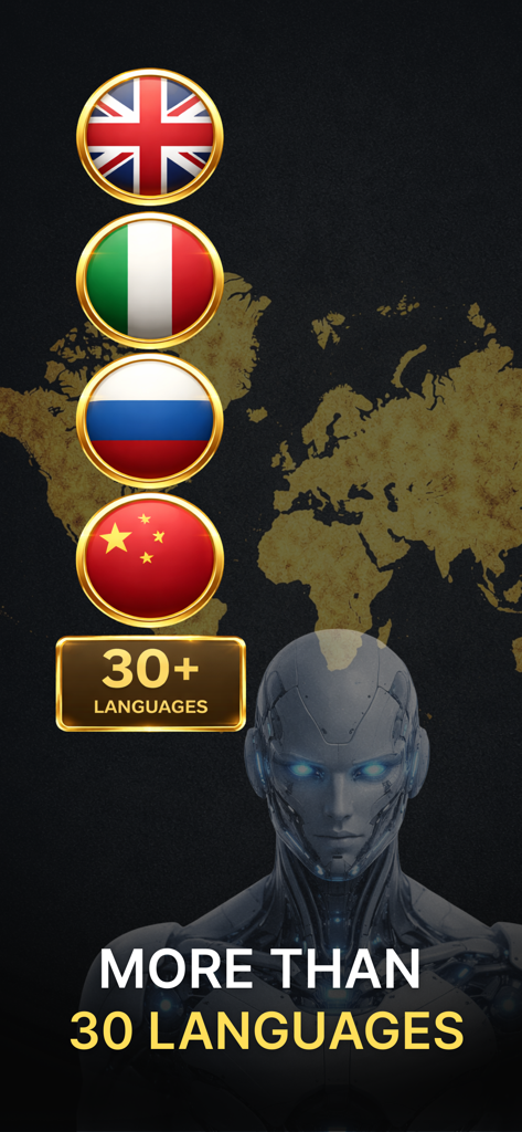 Clever AI Humanizer - HumanGPT - Captura de pantalla de la aplicación Clever AI Humanizer destacando el soporte para más de treinta idiomas con un robot futurista y banderas globales