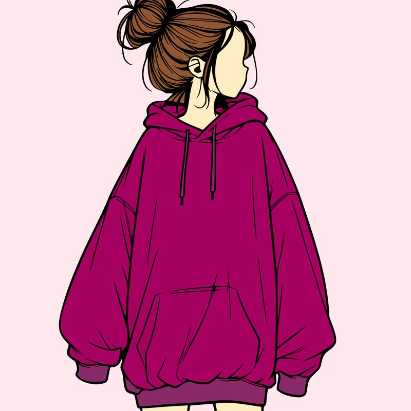 realistic girl with a oversized sweatshirt on and a bun
