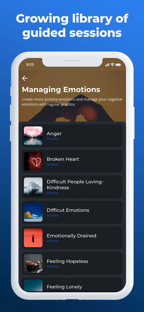 Declutter The Mind Meditation - Smartphone display of Declutter The Mind app with a list of guided meditation sessions for managing emotions including anger and hopelessness.