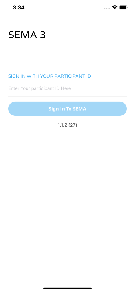 SEMA3 - SEMA3 app login screen with field for entering a participant ID