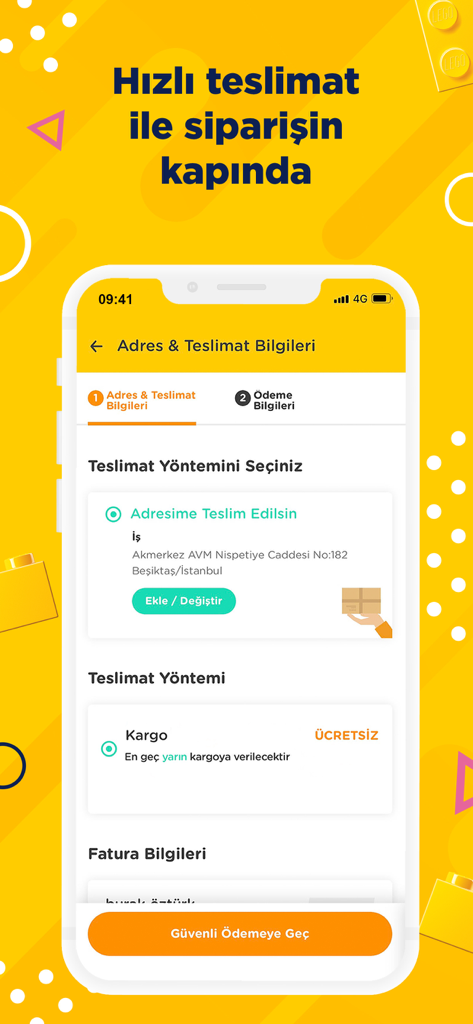 Schermata di checkout dell'app mobile Toyzz Shop che mostra la selezione dell'indirizzo e le opzioni di spedizione per la consegna rapida.