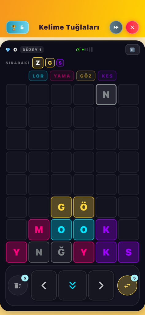 Gameplay of the Letter Bricks mode in the Word Games Offline mobile app featuring a grid with letter tiles.