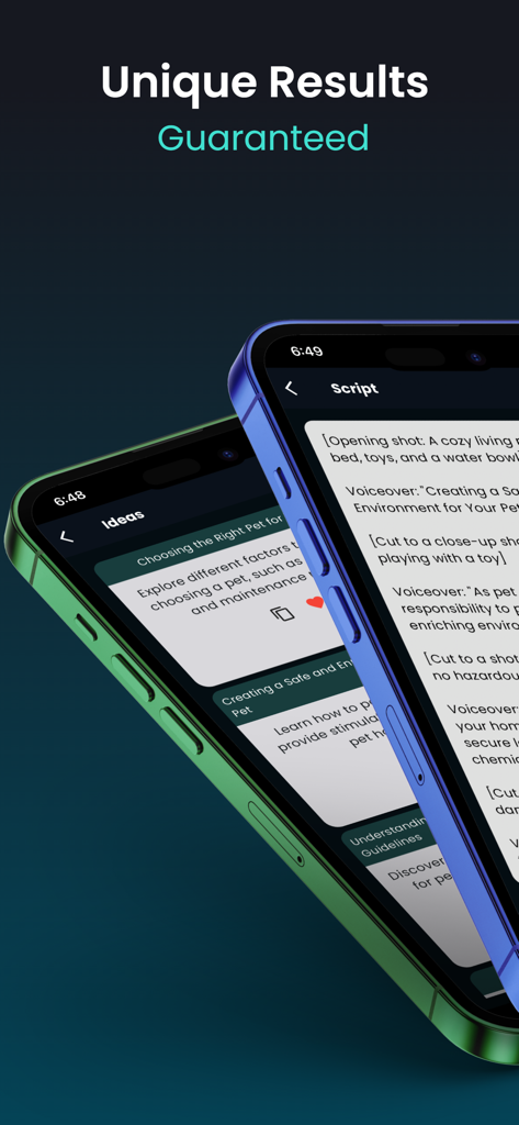 Pantallas de aplicaciones móviles que muestran ideas de contenido únicas para redes sociales y guiones de video generados por IA en dos iPhones.