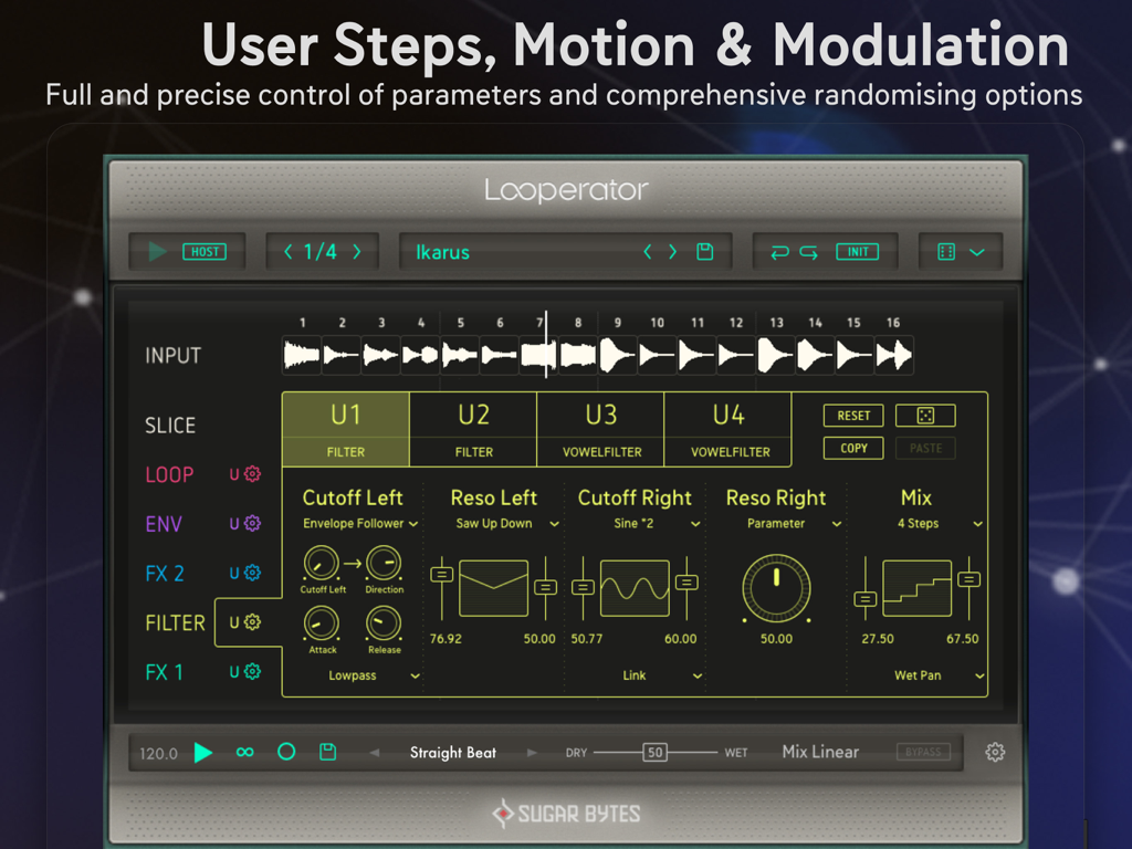 Capture d'écran de l'interface de pas utilisateur et de modulation de Looperator pour la production de musique électronique