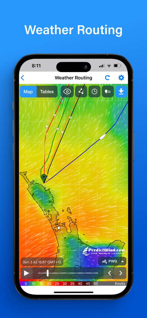 PredictWind — Marine Forecasts - PredictWind app interface showing marine weather routing and high resolution wind speed forecast map