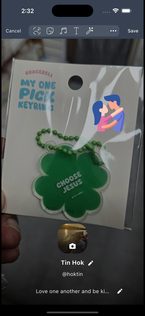 KradassTalk - KradassTalk user profile interface showing a product photo of a Choose Jesus keychain and social messaging features