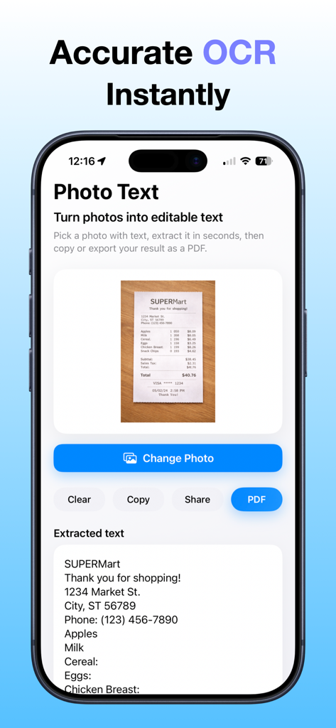 高精度OCR技術を使用してスーパーマーケットのレシートからテキストを抽出している『写真からテキストPDFへ』アプリを示すiPhoneのスクリーンショット。