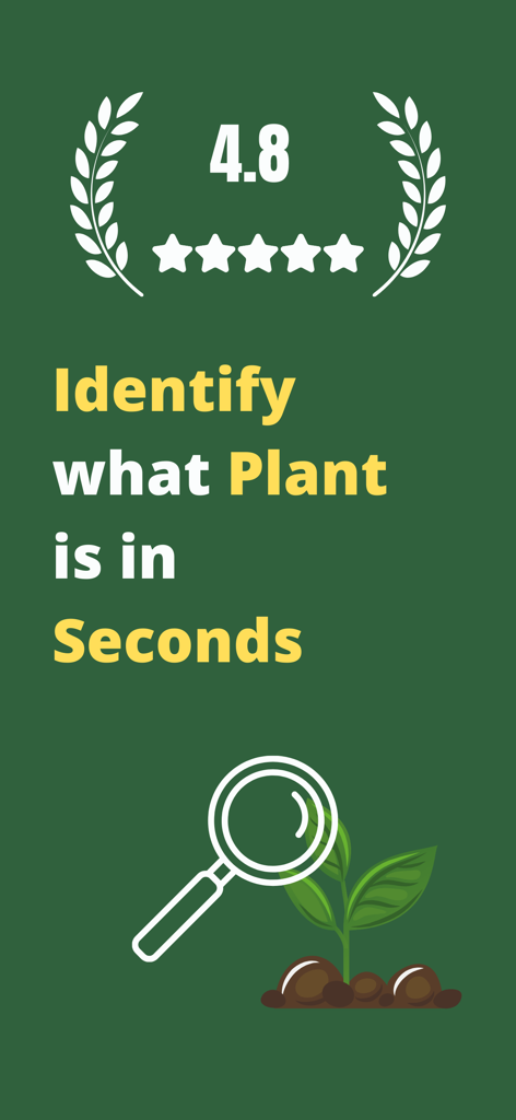 Promotional screen for Flower Identifier Petals app showing a 4.8 star rating and a graphic of a magnifying glass over a plant with the text Identify what Plant is in Seconds