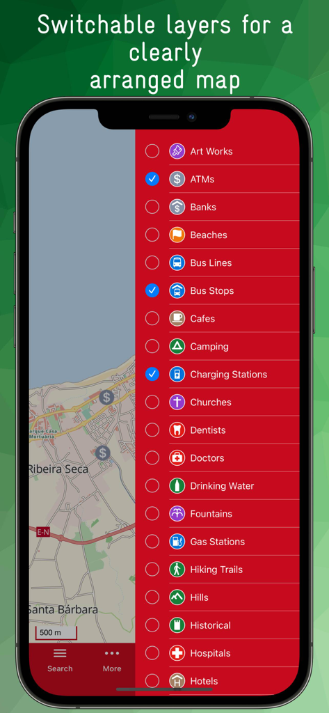 Interfaz del Mapa Offline de Azores mostrando capas de puntos de interés conmutables como cajeros automáticos y paradas de autobús