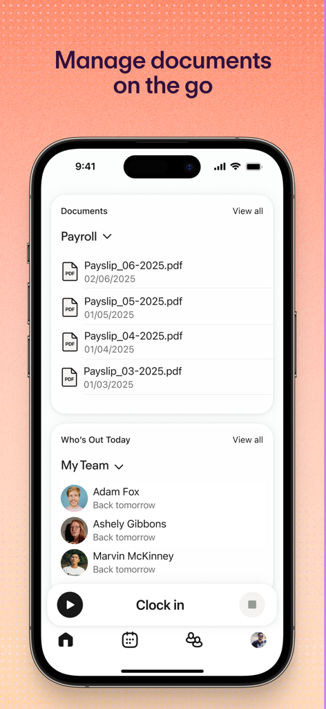 Personio app screen displaying payroll documents like payslips and a section showing team members who are out of office.