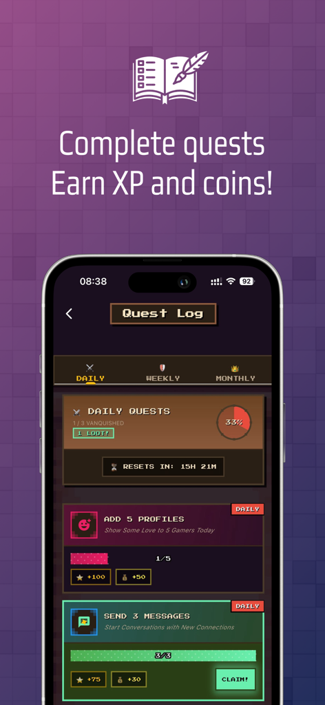 Arena - Meet Gamers - Schermata del registro delle missioni dell'app Arena che mostra sfide giornaliere per guadagnare XP e monete