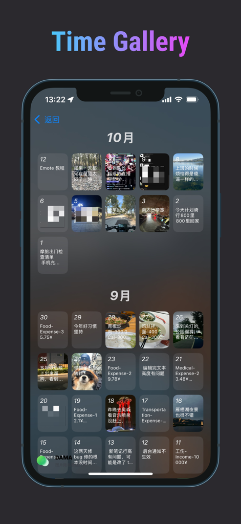 Emote - AI Note - Screenshot of the Emote AI Note app Time Gallery screen displaying a chronological grid of photo and text journal entries organized by month