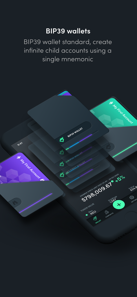 Neon Wallet Mobile - Neon Wallet Mobile app interface showing BIP39 wallet standard and multiple account management on a smartphone screen
