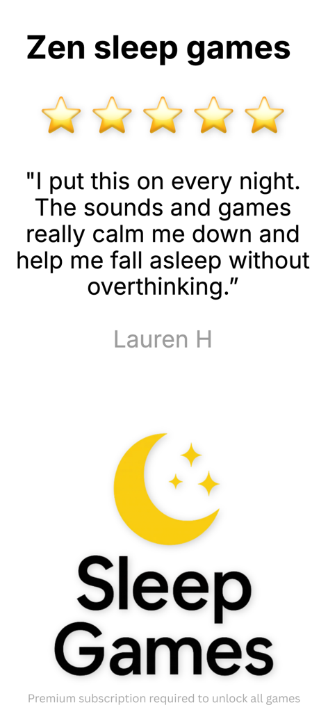 A five star user review for the Sleep Games app by Lauren H featuring the app logo of a crescent moon and stars.