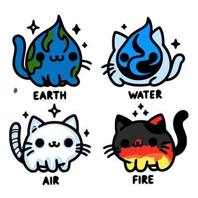 4 cats that represent the different elements, earth, water, air, and fire