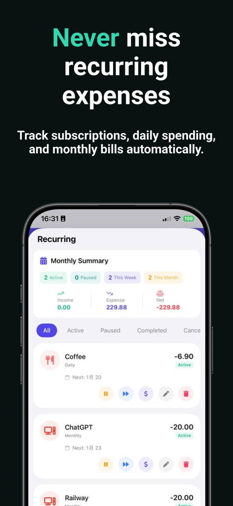 WeCount · Family Shared Budget - Pantalla de la aplicación WeCount que muestra un resumen y una lista de gastos recurrentes y suscripciones familiares