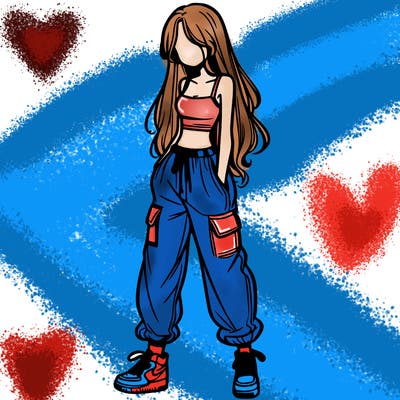 girl in baggy pants crop top and long hair