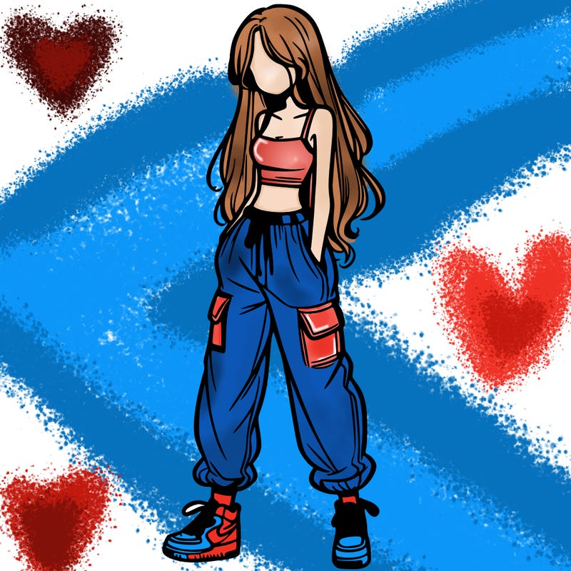 girl in baggy pants crop top and long hair