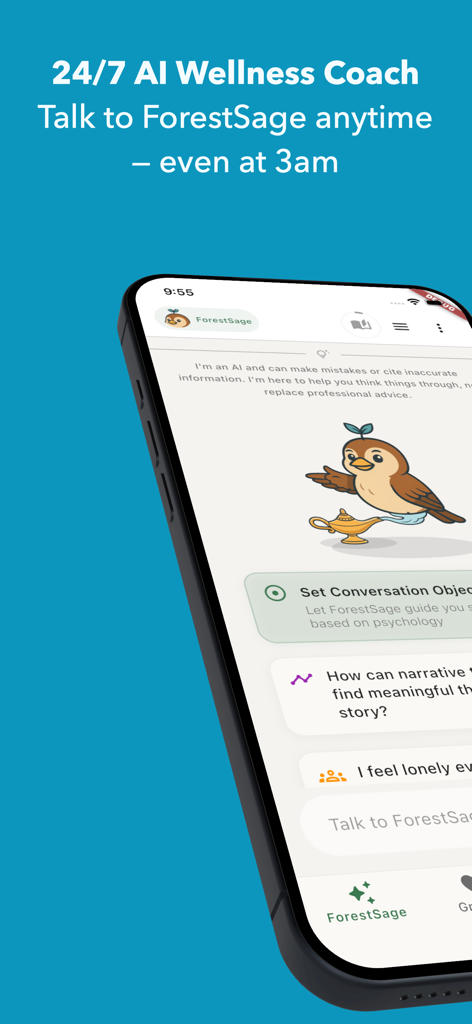A screenshot of the MindForest app featuring the AI wellness coach ForestSage and its 24/7 chat interface.