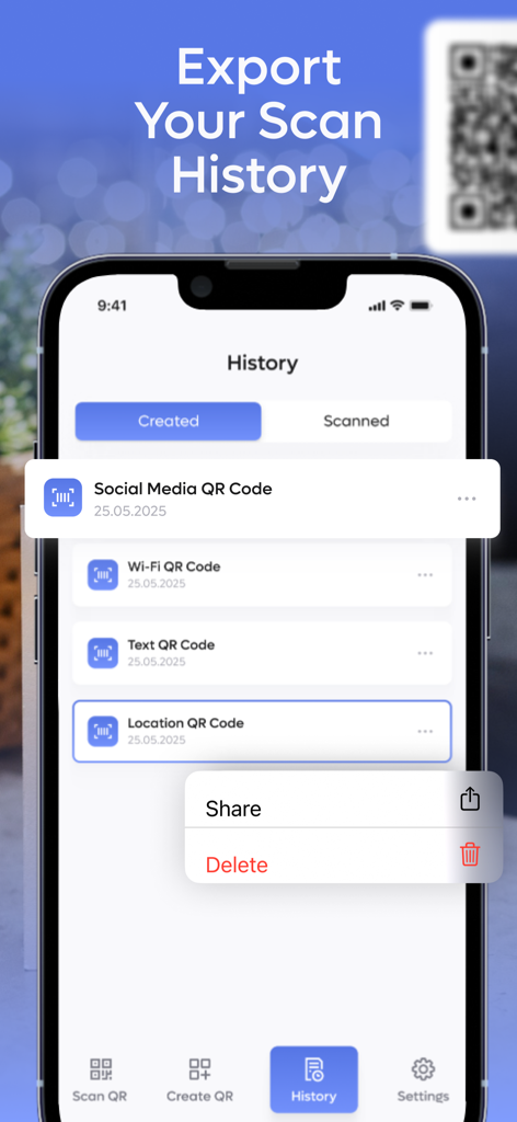 Interface of a barcode scanner app showing a list of created QR codes with export and sharing options.