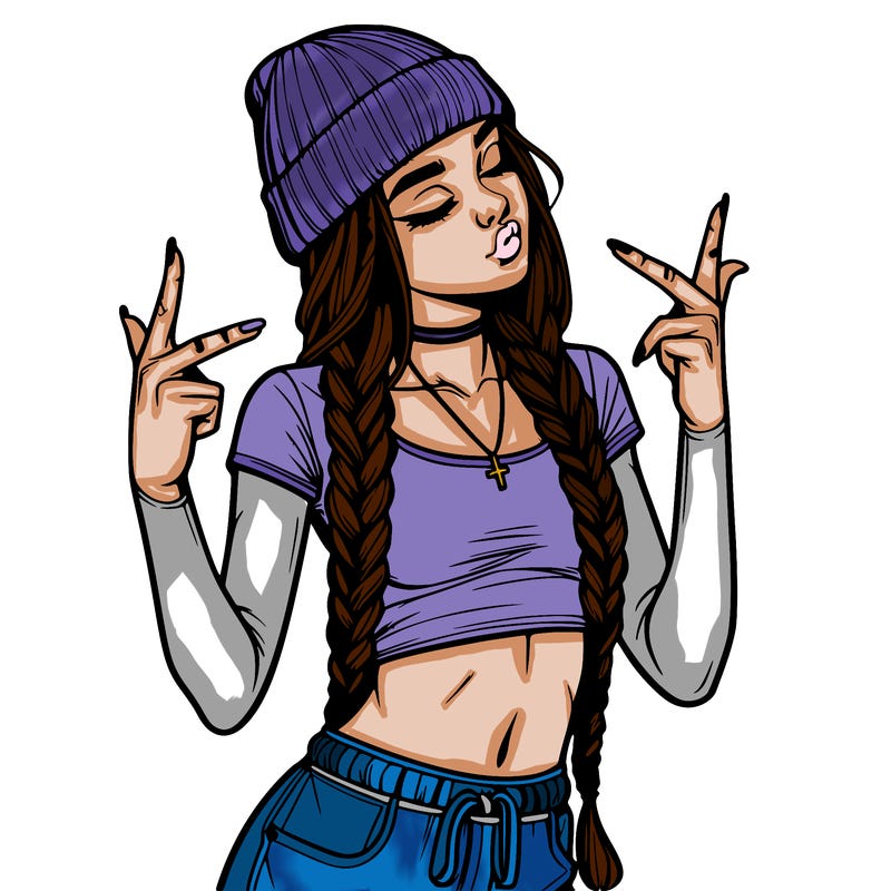realistic teenage girl with braids and a beanie and crop top doing 🫶🏼