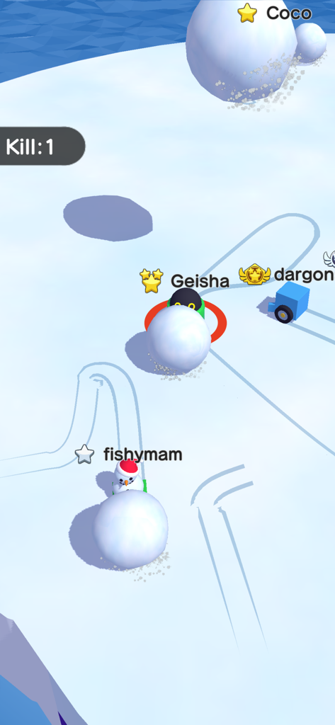 Jogadores empurrando grandes bolas de neve em um campo de batalha gelado em Snowball io