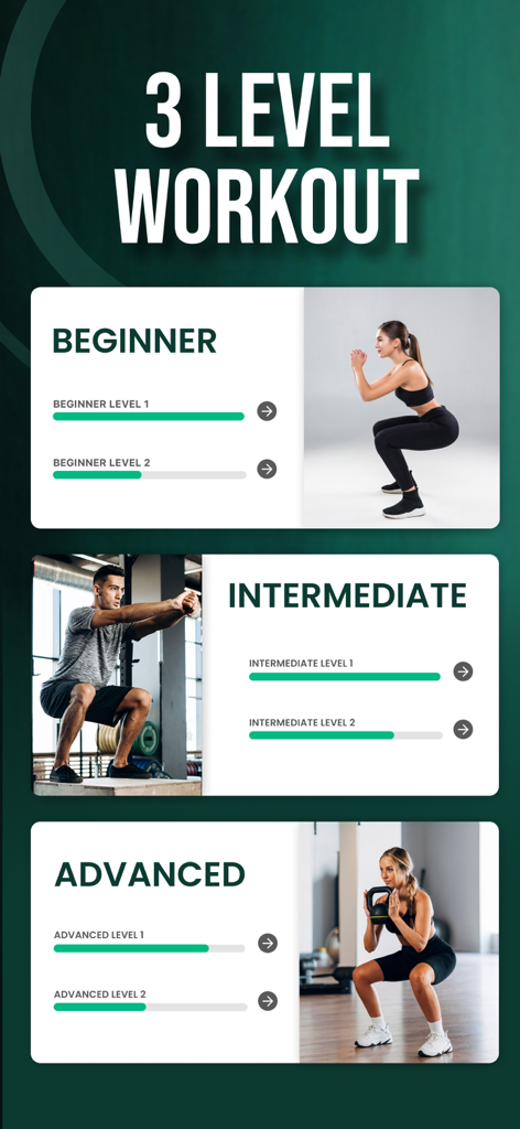 Schermata che mostra i livelli principiante, intermedio e avanzato per la sfida di squat da 30 giorni