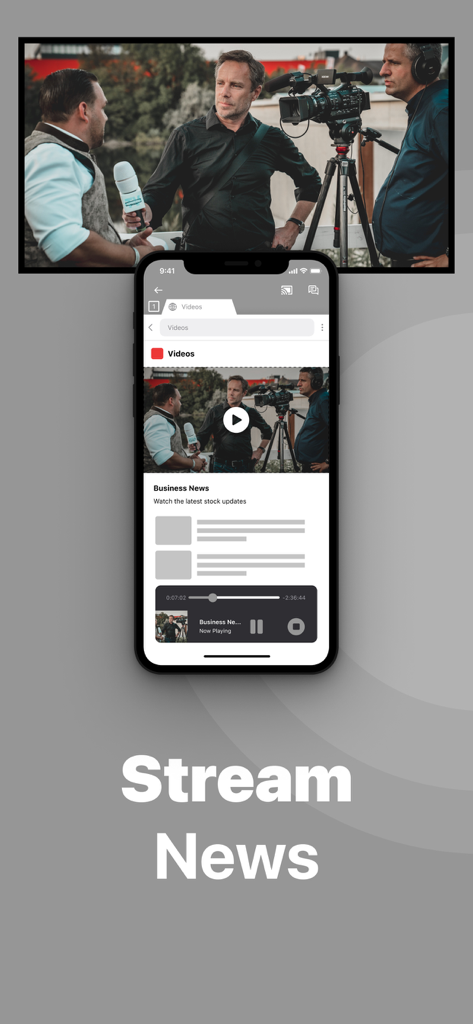 Tela do iPhone espelhando notícias de negócios para uma TV usando o aplicativo Mirror for Chromecast