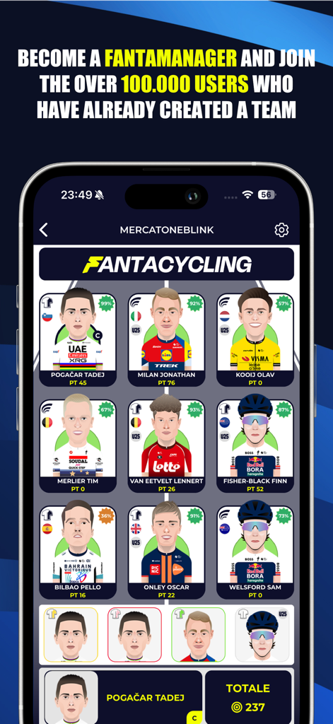Fantacycling - A mobile screen from the Fantacycling app showing a fantasy team roster with professional riders and point values