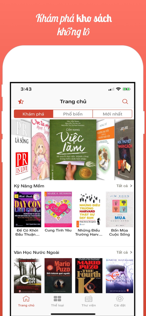 Home screen of the Vietnamese ebook reader app showing various book categories and titles