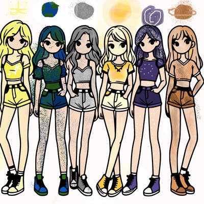 a group of girls wearing crop tops and shorts