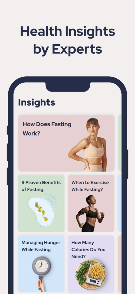 Interface of the FastEasy app showing health insights articles about intermittent fasting benefits and exercise tips