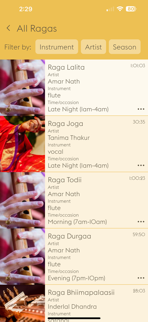 Maharishi Veda - Interface of the Maharishi Veda app showing a list of Indian classical Ragas categorized by artist and time of day.