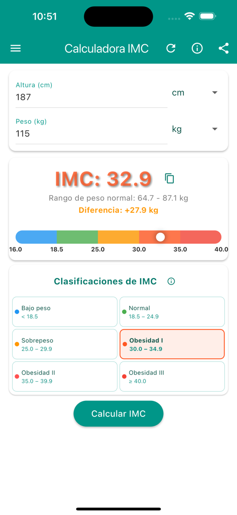 BMI電卓アプリのメインインターフェースには、BMI計算結果とスペイン語での色分けされた体重カテゴリーが表示されています。