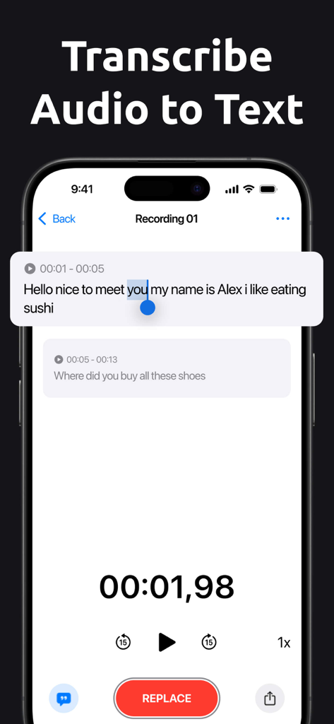 Voice Memos - Voice Recorderㅤ - Interfaz de la aplicación Voice Memos mostrando la función de transcripción de audio a texto en un iPhone.