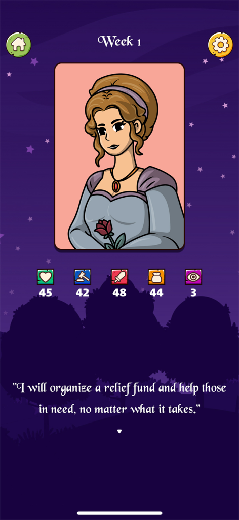 The Reeve - Gameplay screenshot of The Reeve showing a character dialog and town management statistics.