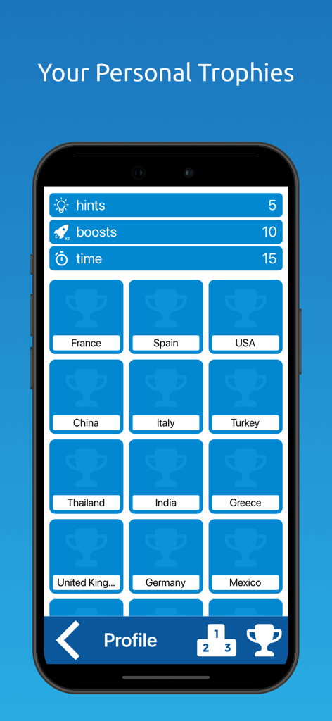 Memory Match : Brain Training - Pantalla de perfil de usuario en la aplicación Memory Match Brain Training que muestra trofeos personales y estadísticas del juego.