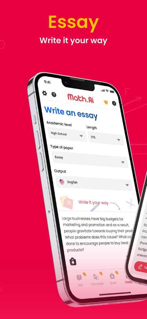 Math.AI - Math Solver - Math.AI mobile app interface showing the AI essay writer tool with options for academic level and paper length